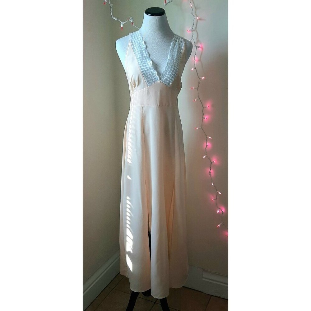 70s Peach Full Nightgown Double Slit Maxi Slip Dress by Calicanto Retro Whimsy M